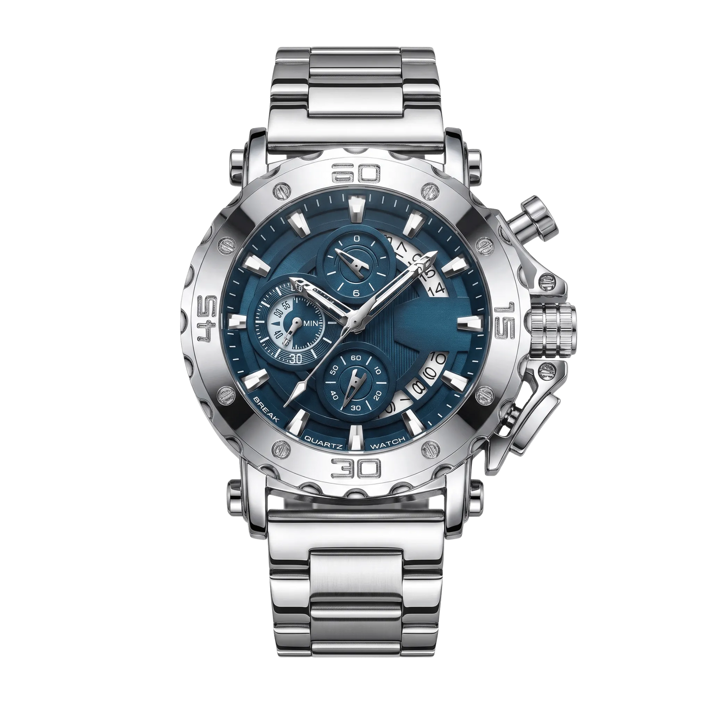 Montre homme sport chronographe luxe cadran bleu bracelet acier inoxydable 46mm
