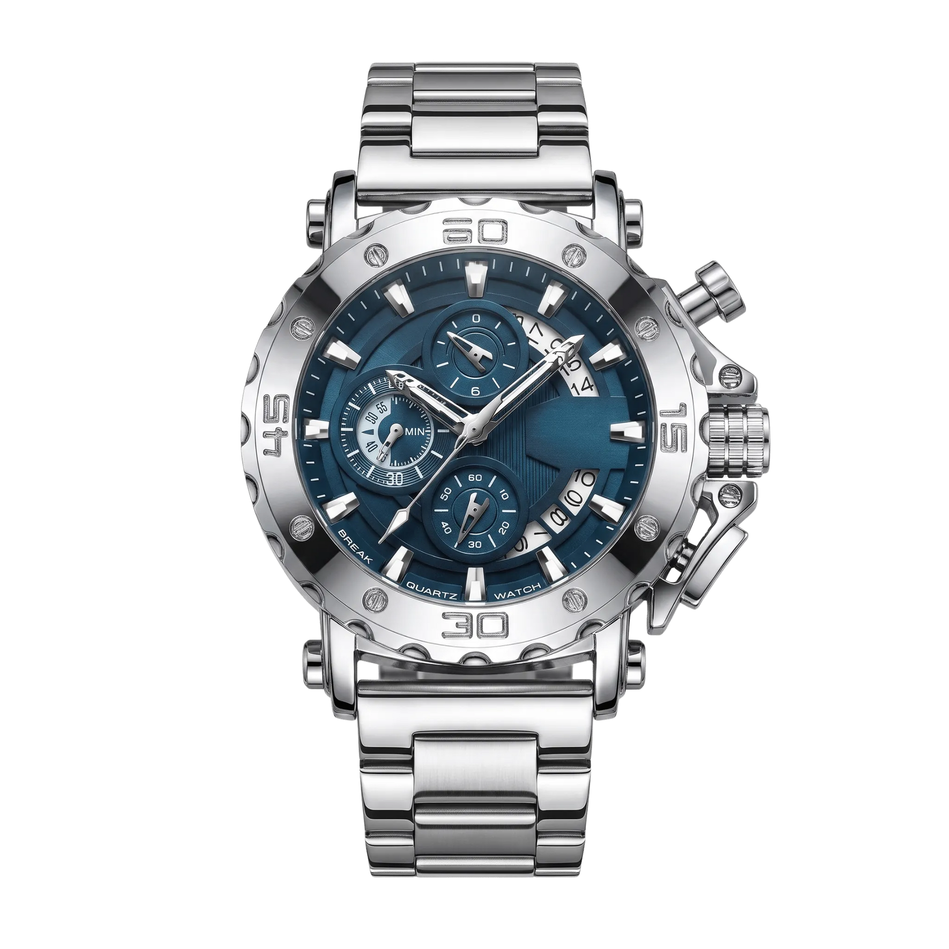 Montre homme sport chronographe luxe cadran bleu bracelet acier inoxydable 46mm