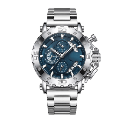 Montre homme sport chronographe luxe cadran bleu bracelet acier inoxydable 46mm