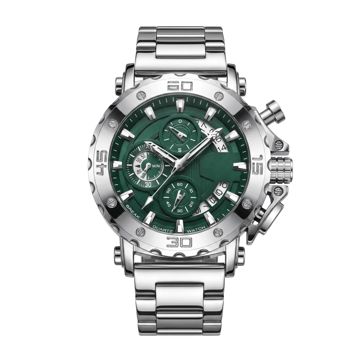 Montre homme sport chronographe luxe cadran vert bracelet acier inoxydable 46mm