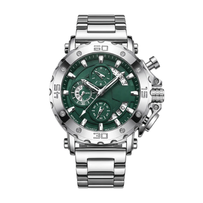 Montre homme sport chronographe luxe cadran vert bracelet acier inoxydable 46mm