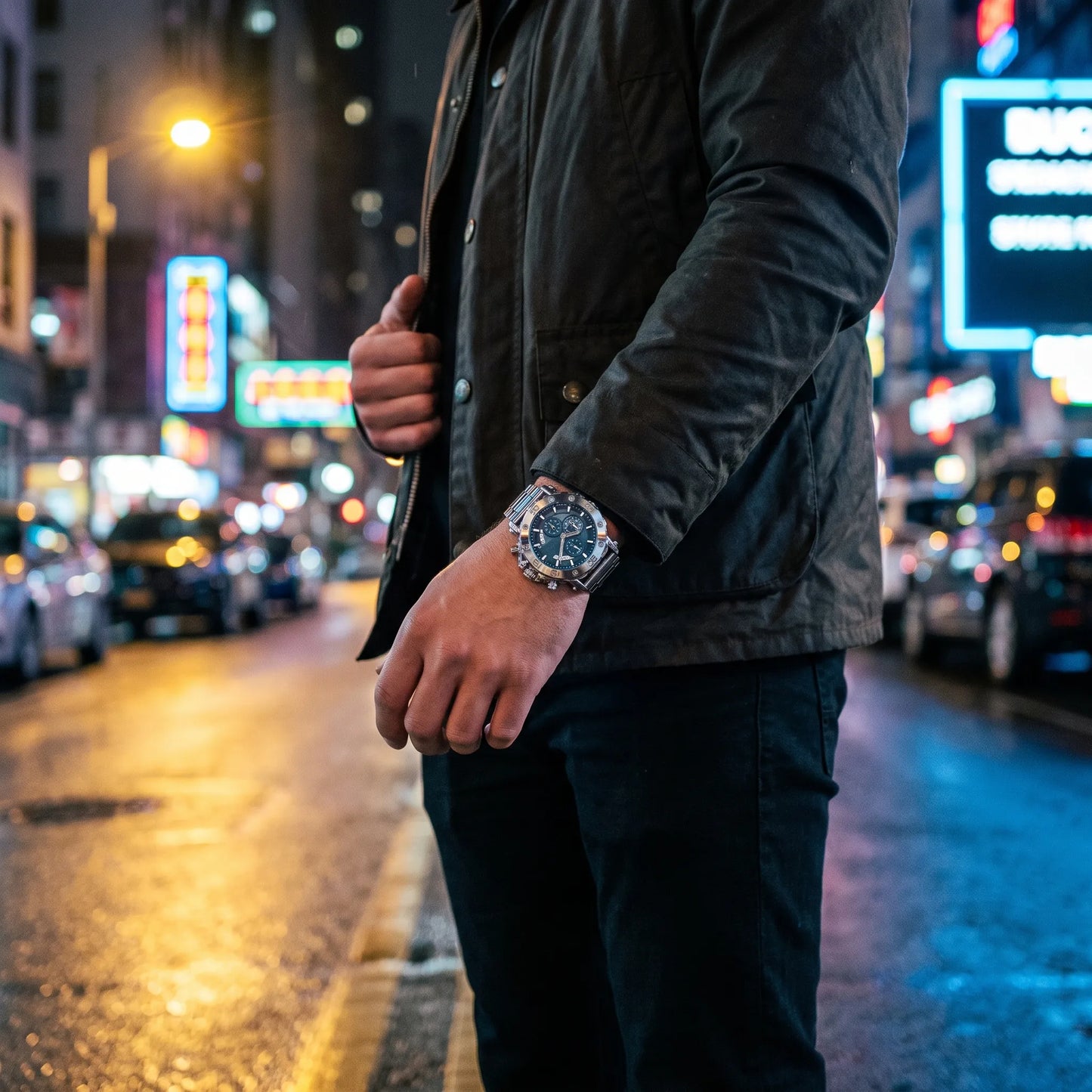 Montre homme sport chronographe luxe acier portée au poignet ville de nuit