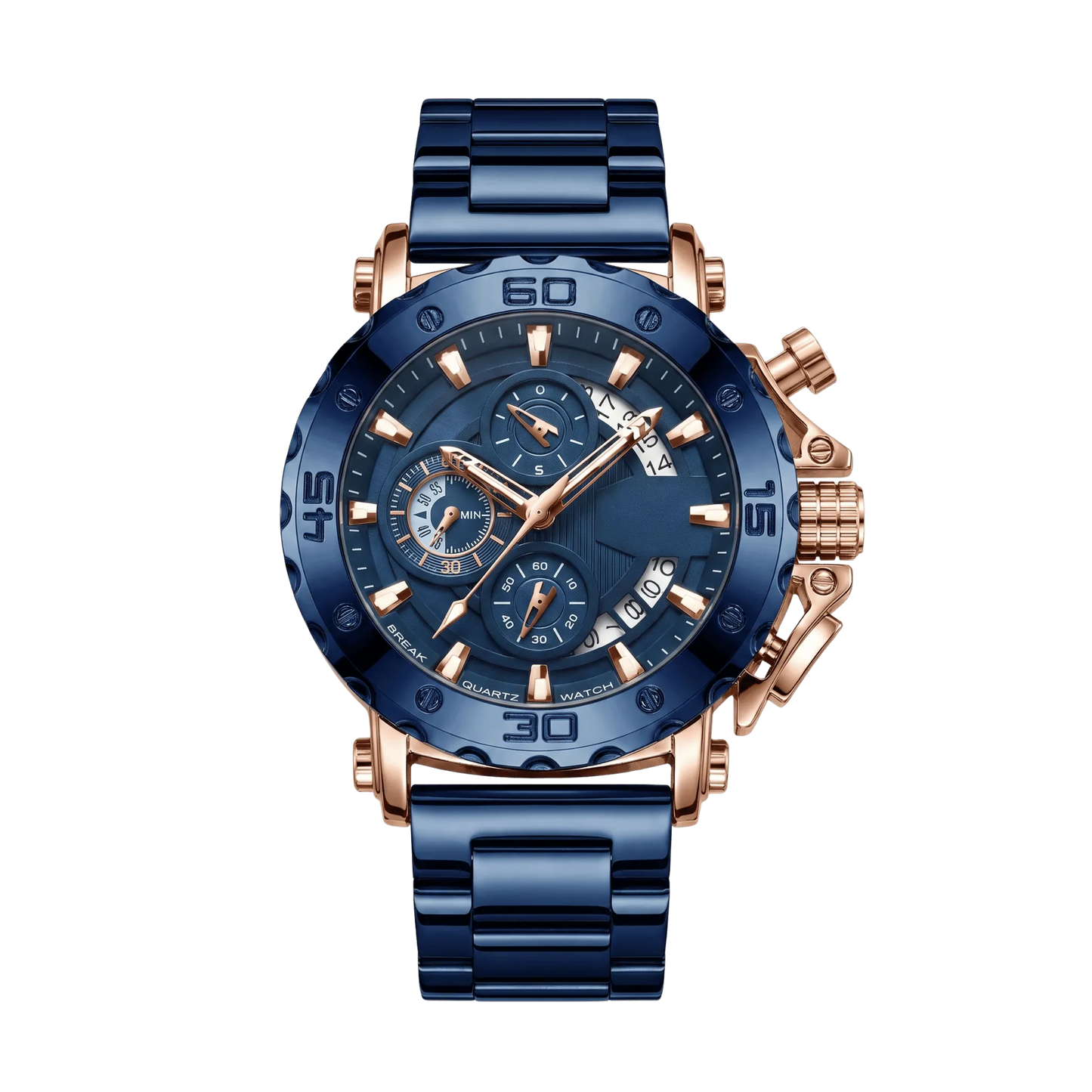 Montre homme sport chronographe luxe bleu et or rose bracelet acier 46mm