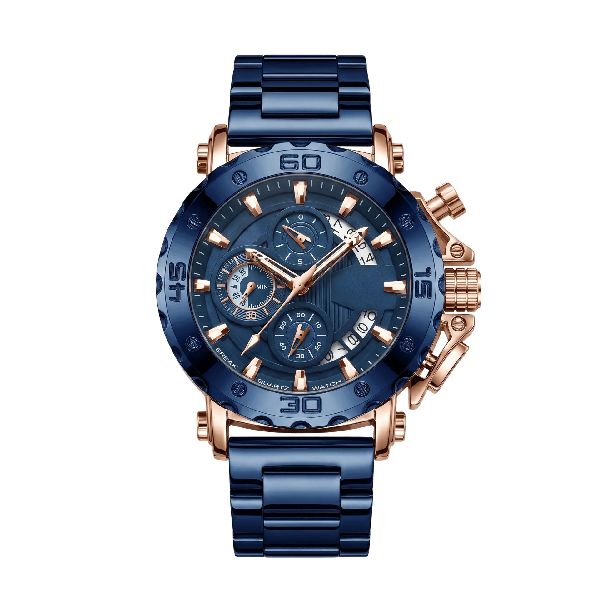 Montre homme sport chronographe luxe bleu et or rose bracelet acier 46mm