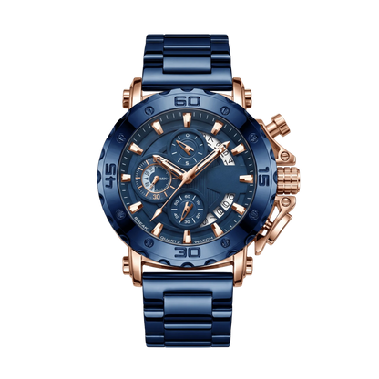 Montre homme sport chronographe luxe bleu et or rose bracelet acier 46mm