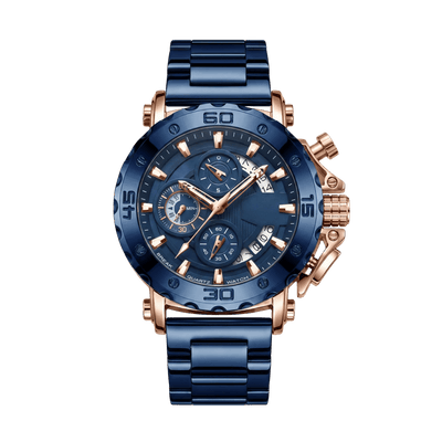 Montre homme sport chronographe luxe bleu et or rose bracelet acier 46mm