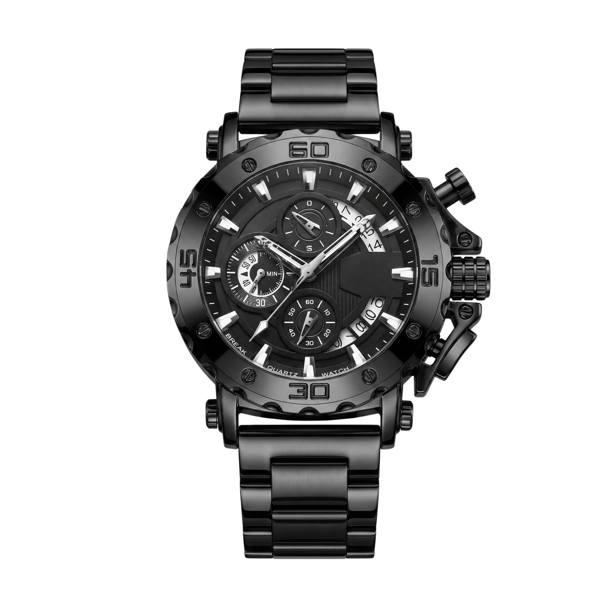 Montre homme sport chronographe luxe full black bracelet acier noir 46mm