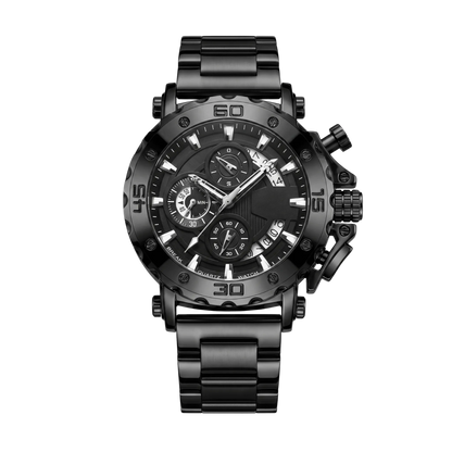 Montre homme sport chronographe luxe full black bracelet acier noir 46mm