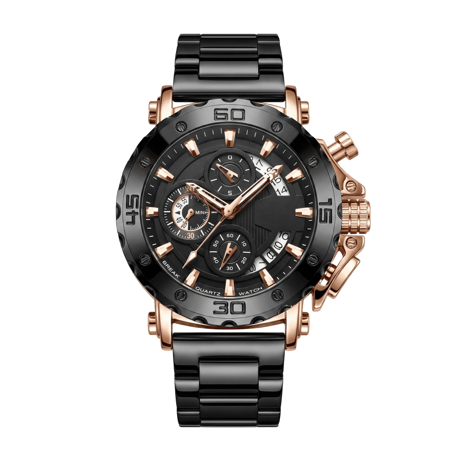 Montre homme sport chronographe luxe gunmetal cadran gris foncé bracelet acier 46mm