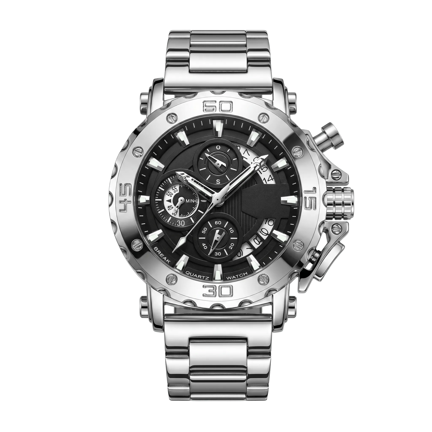 Montre homme sport chronographe luxe noir intégral bracelet acier 46mm
