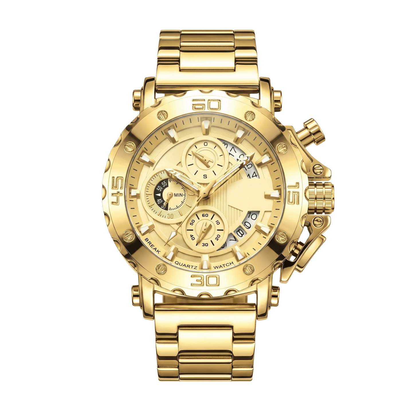 Montre homme sport chronographe luxe dorée cadran or bracelet acier or 46mm