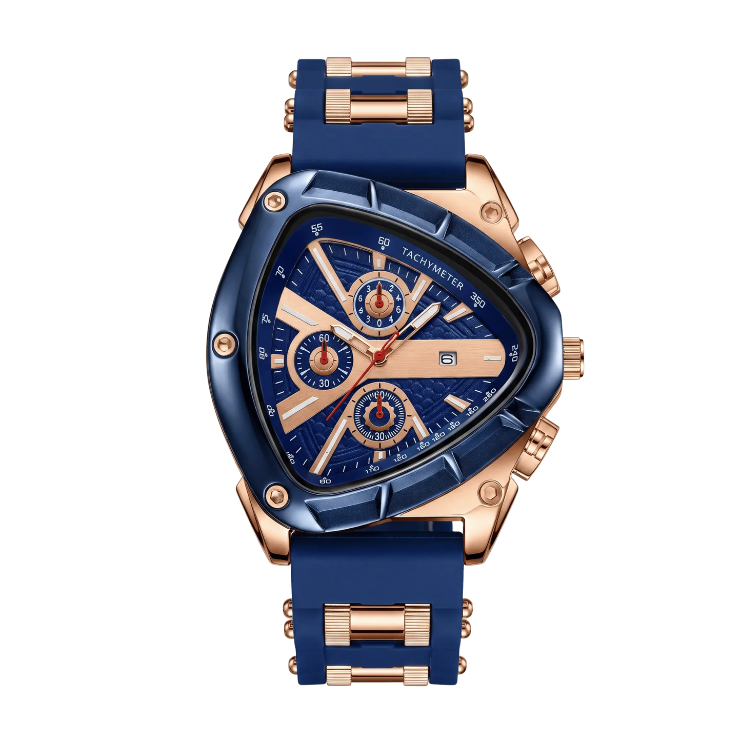 Montre homme sport chronographe triangulaire bleu et or rose 44mm avec tachymètre