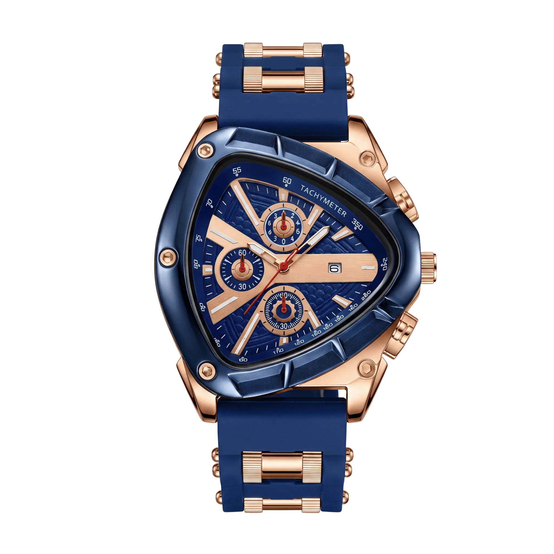 Montre homme sport chronographe triangulaire bleu et or rose 44mm avec tachymètre