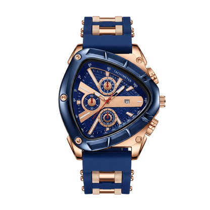 Montre homme sport chronographe triangulaire bleu et or rose 44mm avec tachymètre