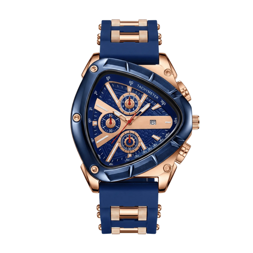 Montre homme sport chronographe triangulaire bleu et or rose 44mm avec tachymètre