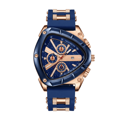 Montre homme sport chronographe triangulaire bleu et or rose 44mm avec tachymètre