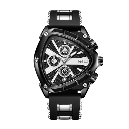 Montre homme sport chronographe triangulaire noir et argent 44mm avec tachymètre