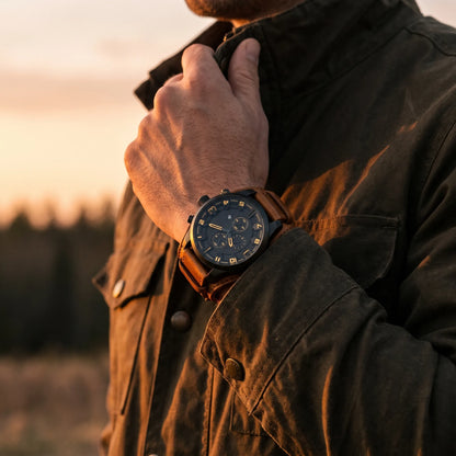 Montre homme sport bracelet cuir portée au poignet style aventure