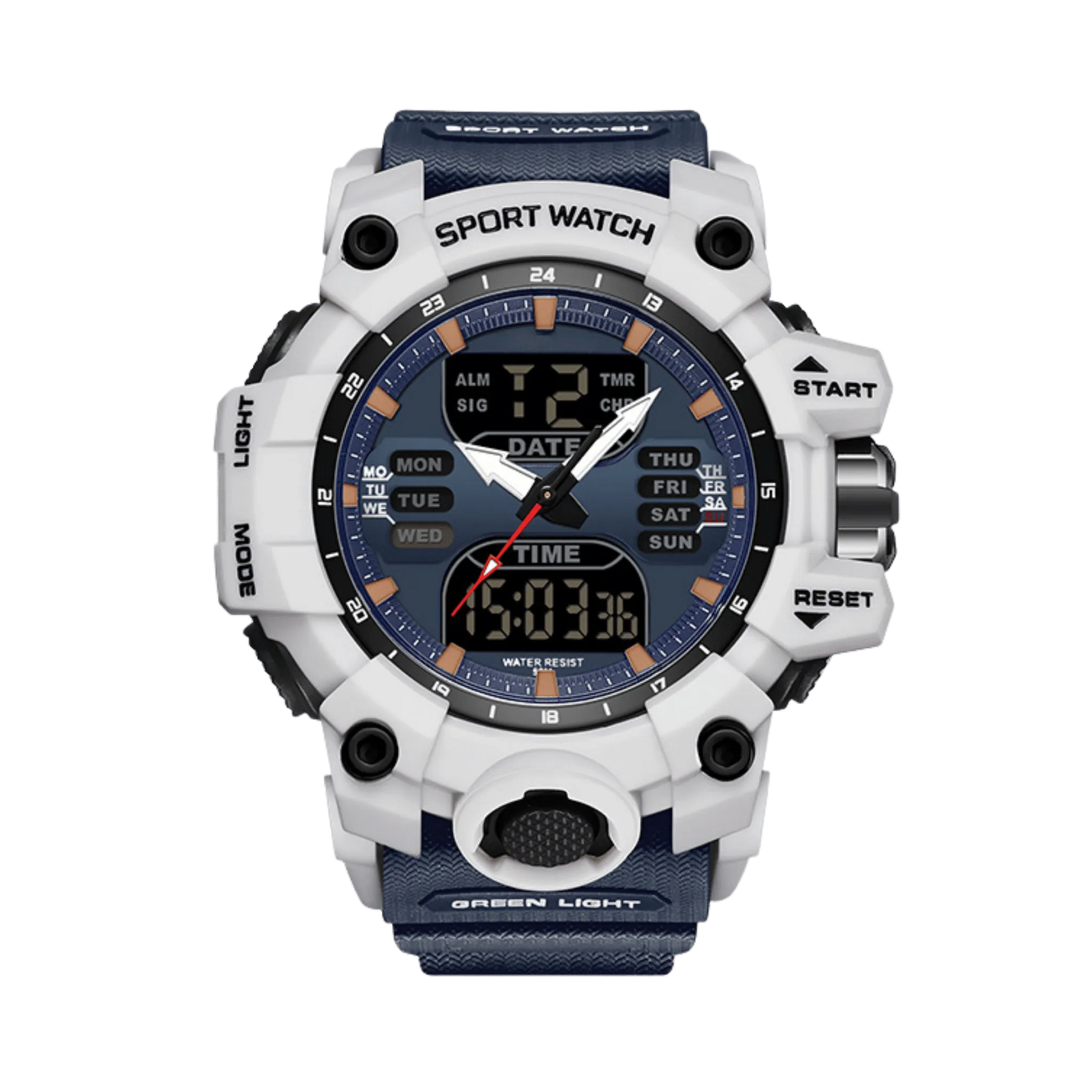 Montre homme sport digitale analogique étanche 50m blanc et bleu 56mm