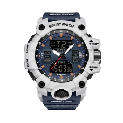 Montre homme sport digitale analogique étanche 50m blanc et bleu 56mm