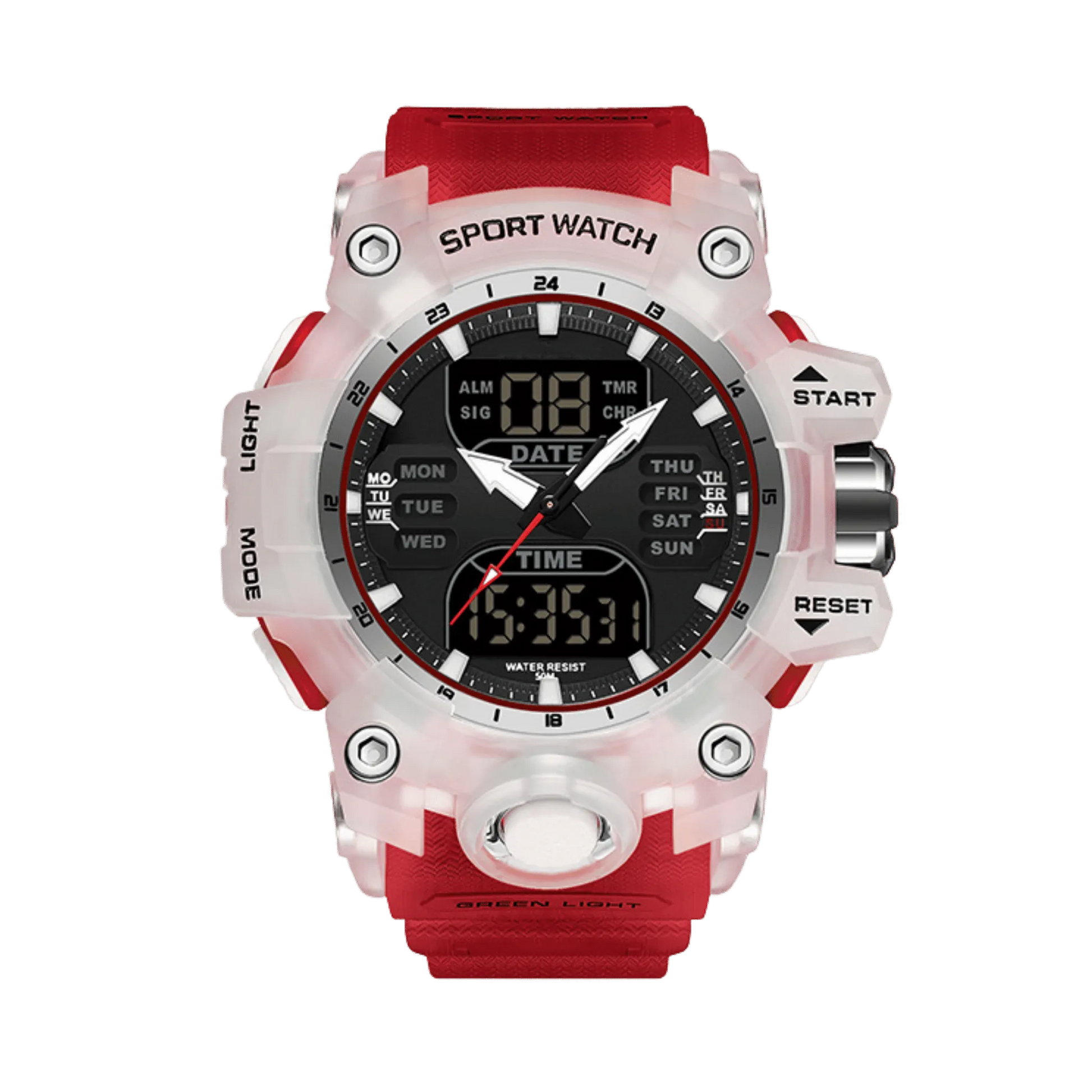 Montre homme sport digitale analogique étanche 50m blanc et rouge 56mm