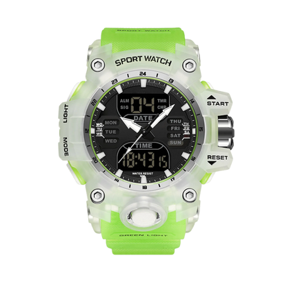 Montre homme sport digitale analogique étanche 50m blanc et vert 56mm