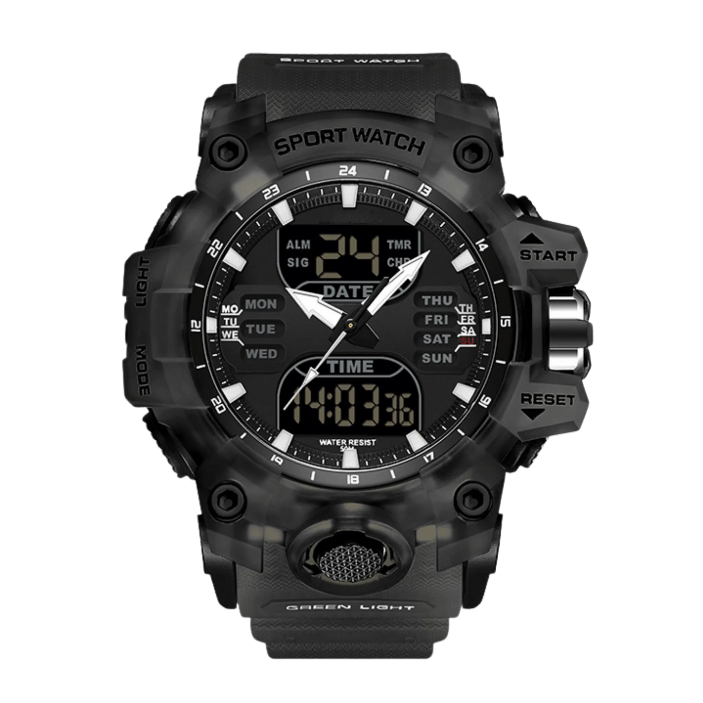Montre homme sport digitale analogique étanche 50m tout noir 56mm