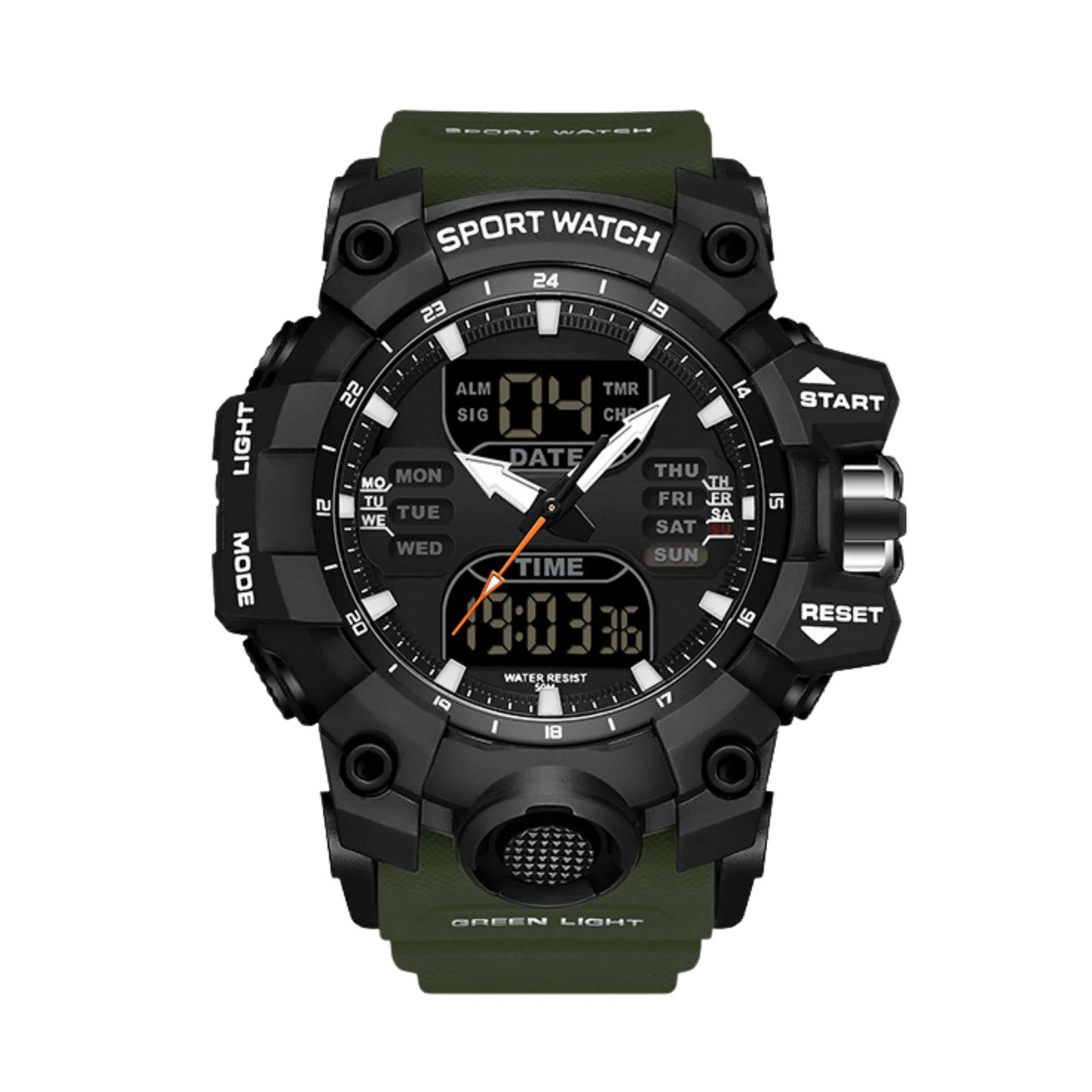 Montre homme sport digitale analogique étanche 50m noir et kaki 56mm