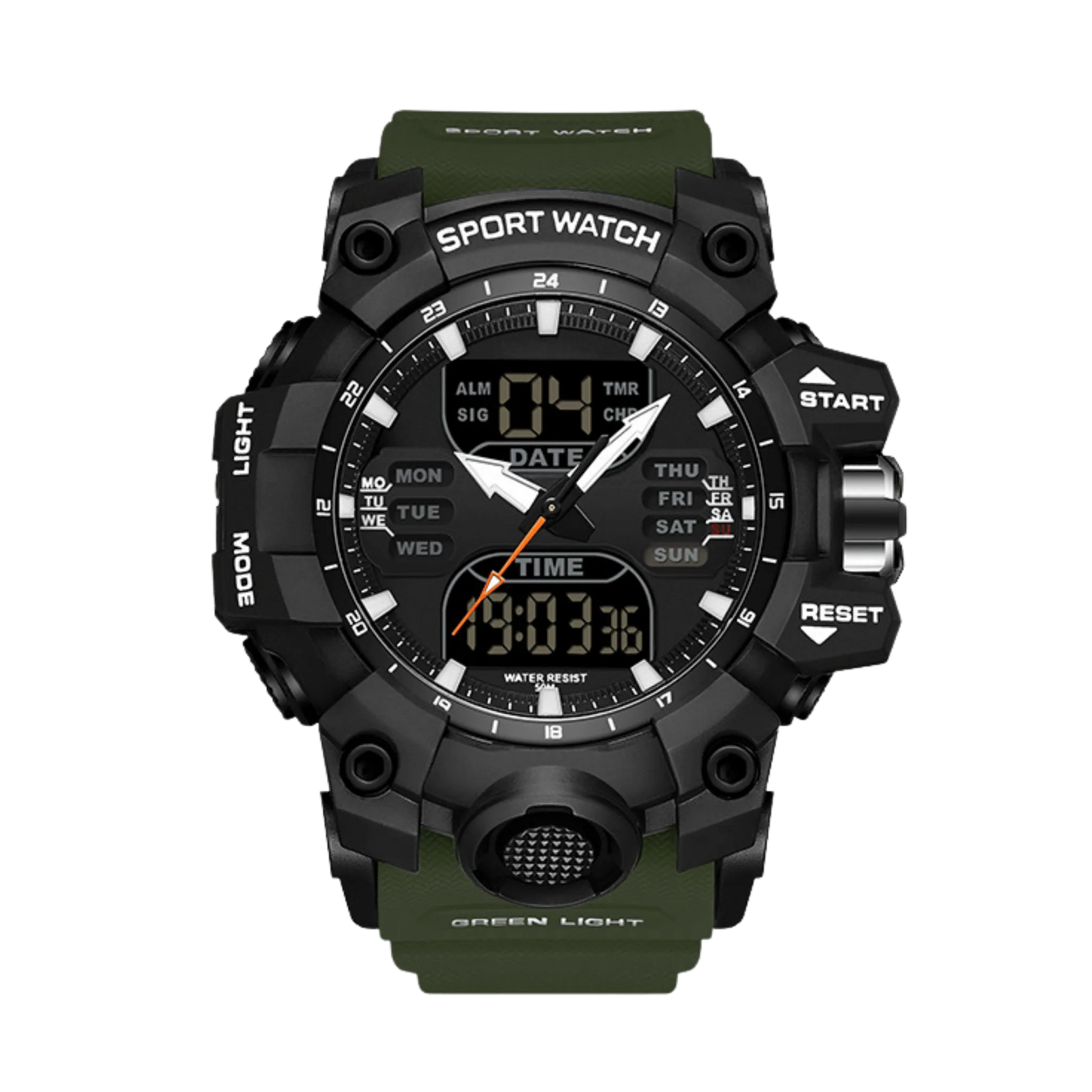 Montre homme sport digitale analogique étanche 50m noir et kaki 56mm