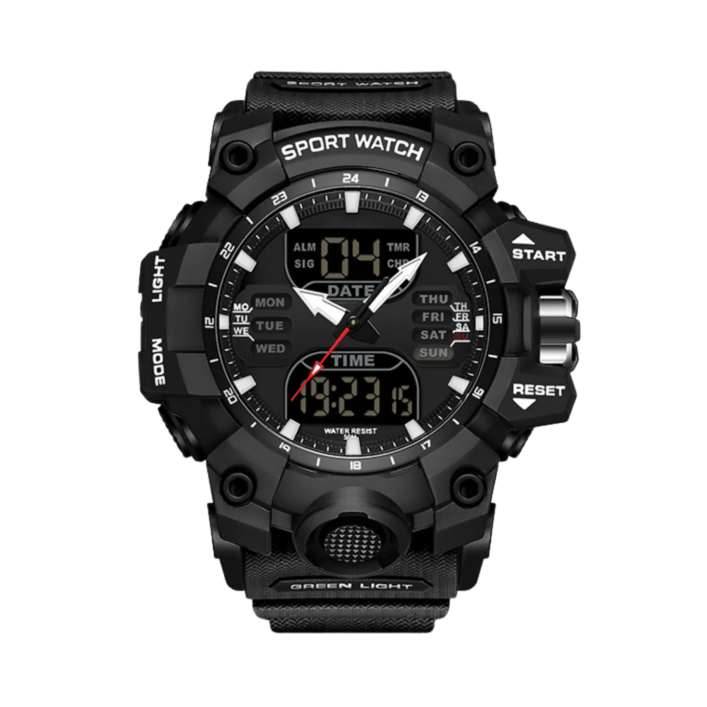 Montre homme sport digitale analogique étanche 50m noir et or 56mm