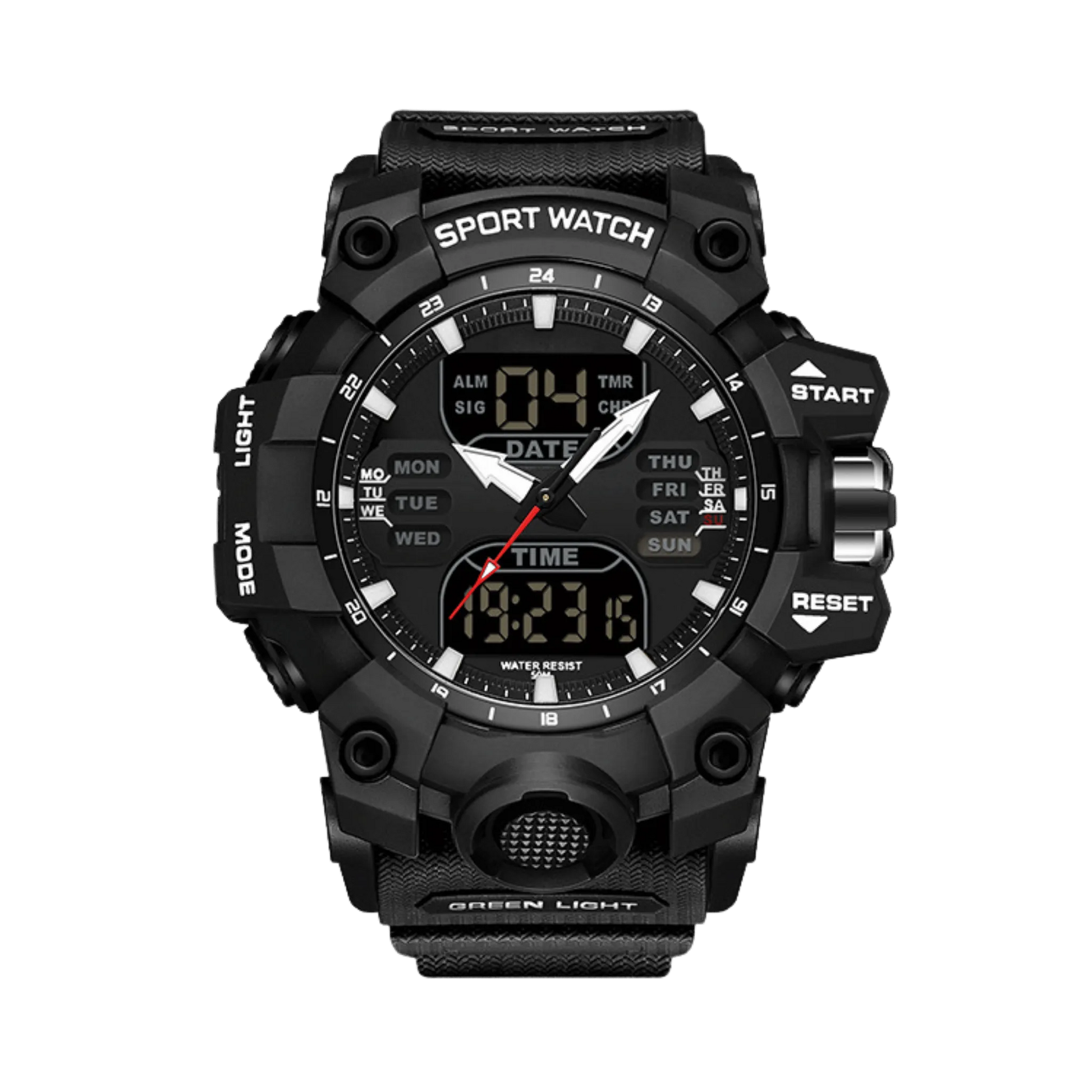 Montre homme sport digitale analogique étanche 50m noir et or 56mm