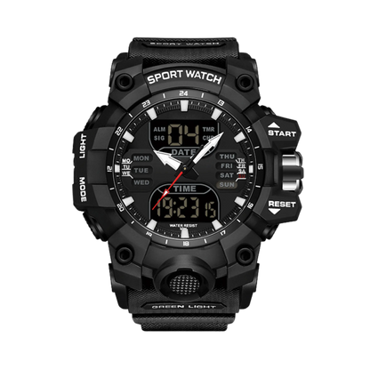 Montre homme sport digitale analogique étanche 50m noir et or 56mm