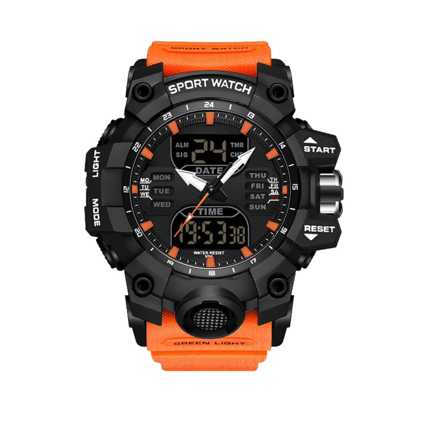 Montre homme sport digitale analogique étanche 50m noir et orange 56mm