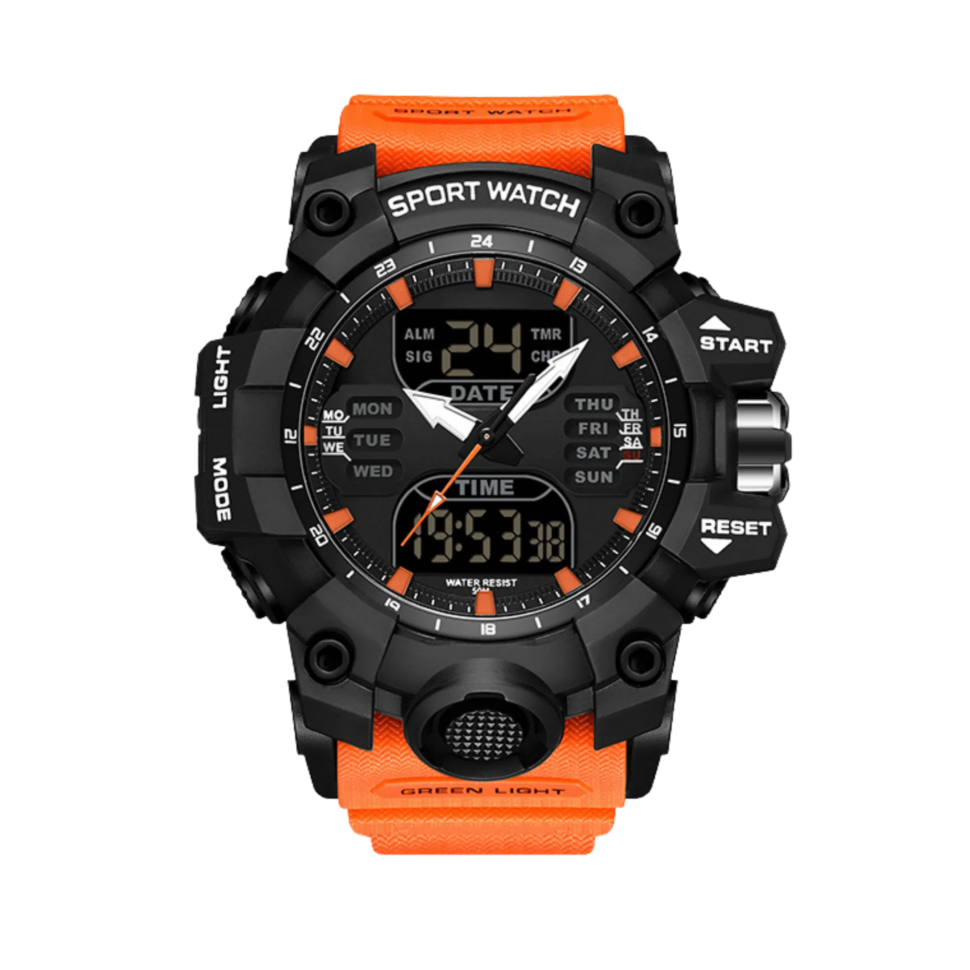 Montre homme sport digitale analogique étanche 50m noir et orange 56mm