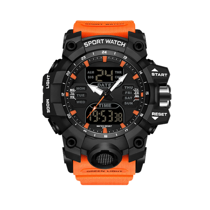 Montre homme sport digitale analogique étanche 50m noir et orange 56mm