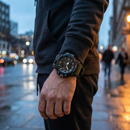 Montre homme sport digitale analogique étanche portée au poignet en ville