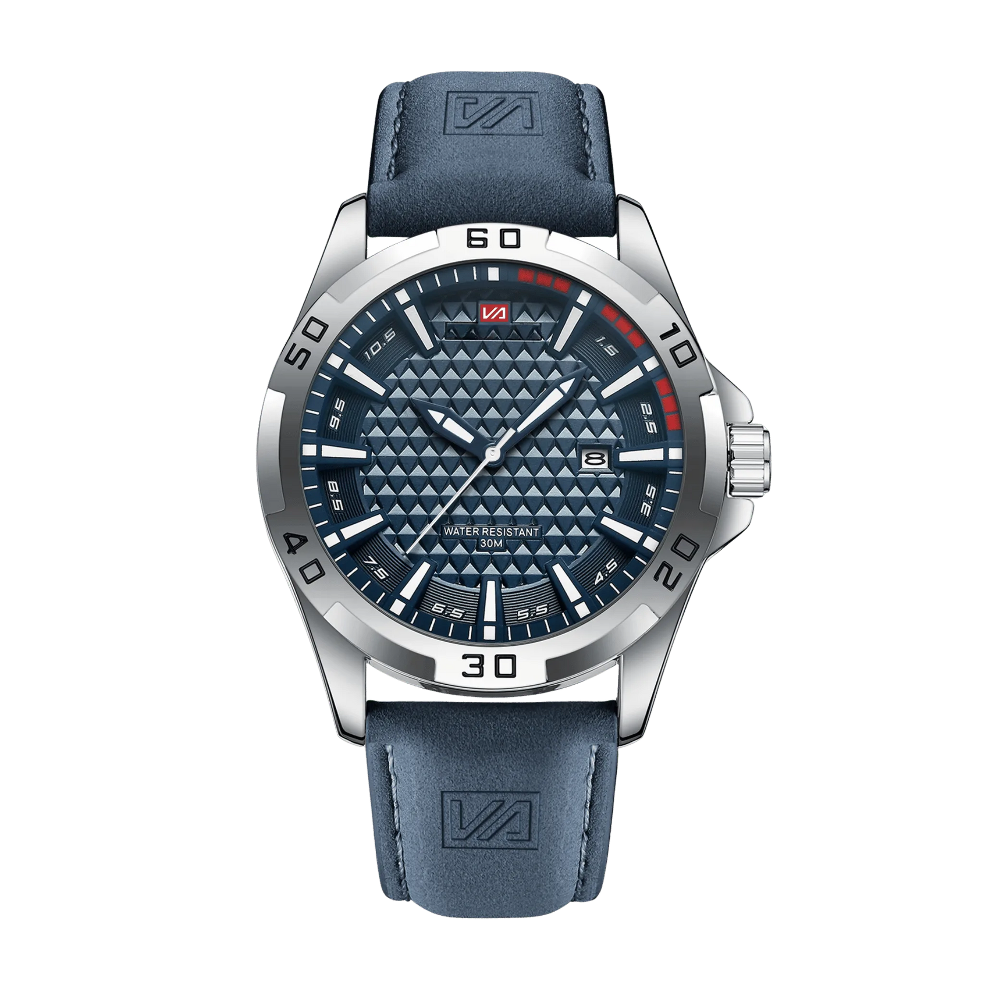 Montre homme sport luxe cadran bleu lumineux bracelet cuir bleu 45mm