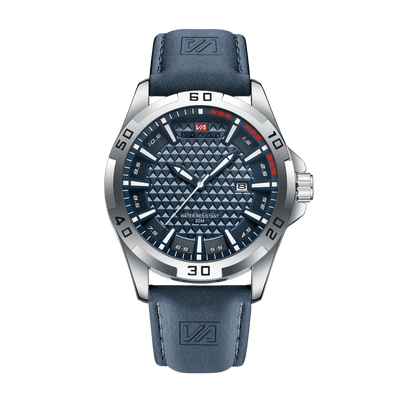 Montre homme sport luxe cadran bleu lumineux bracelet cuir bleu 45mm