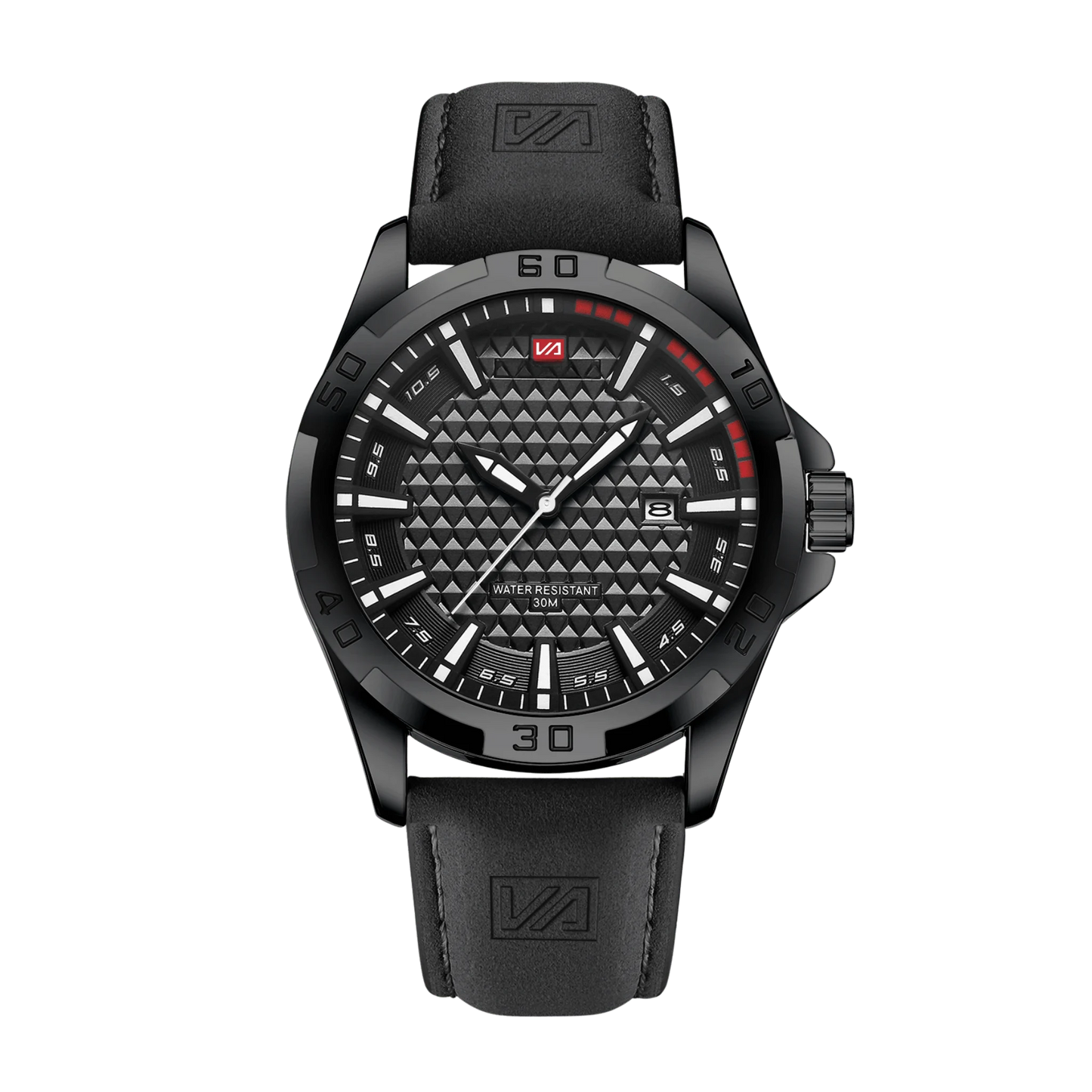 Montre homme sport luxe cadran noir lumineux bracelet cuir 45mm