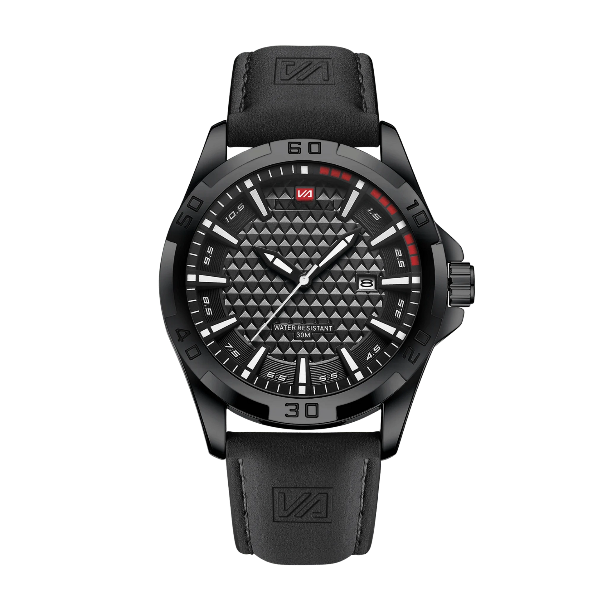 Montre homme sport luxe cadran noir lumineux bracelet cuir 45mm