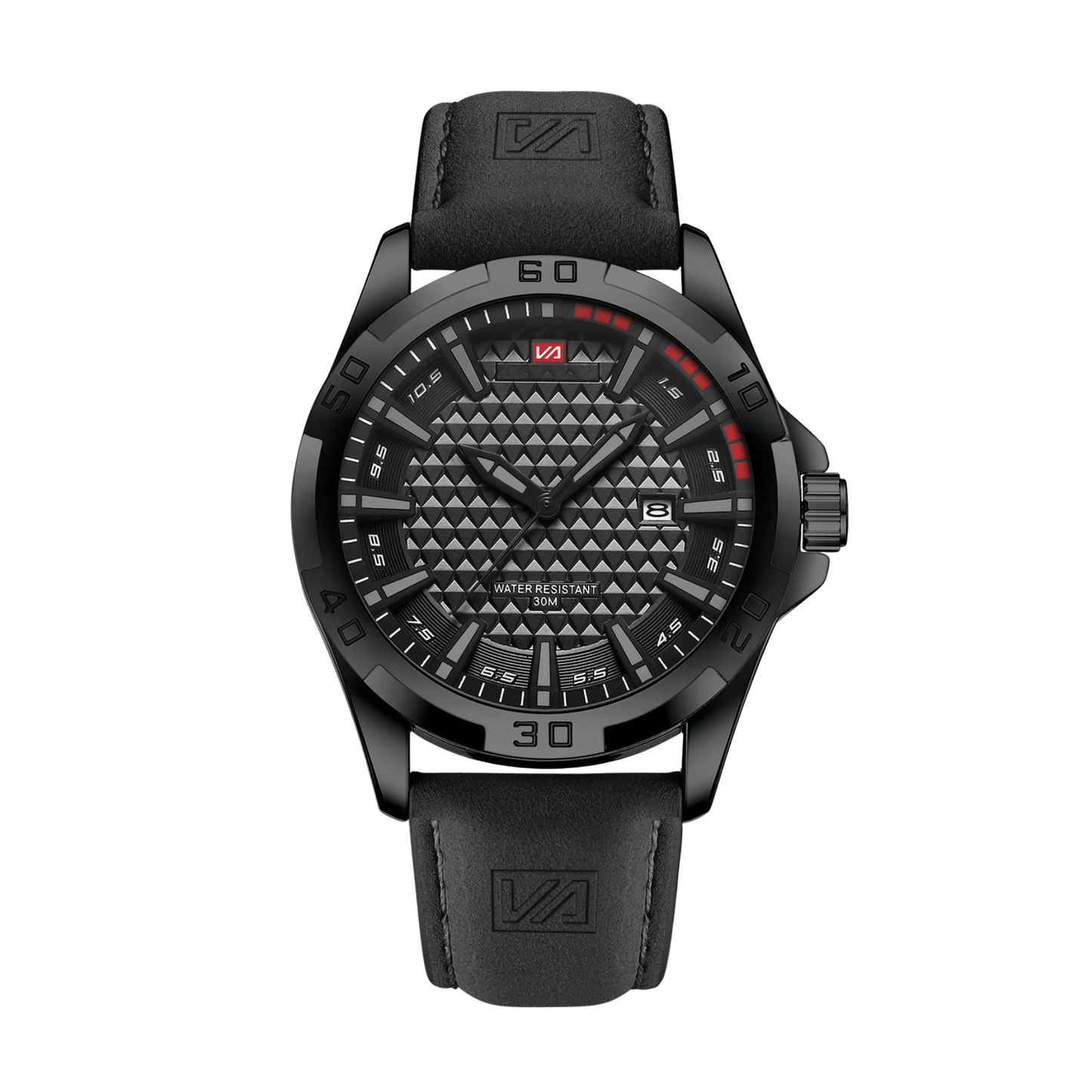 Montre homme sport luxe cadran noir mat lumineux bracelet cuir foncé 45mm