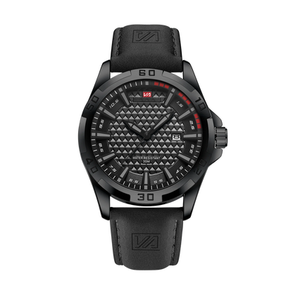 Montre homme sport luxe cadran noir mat lumineux bracelet cuir foncé 45mm