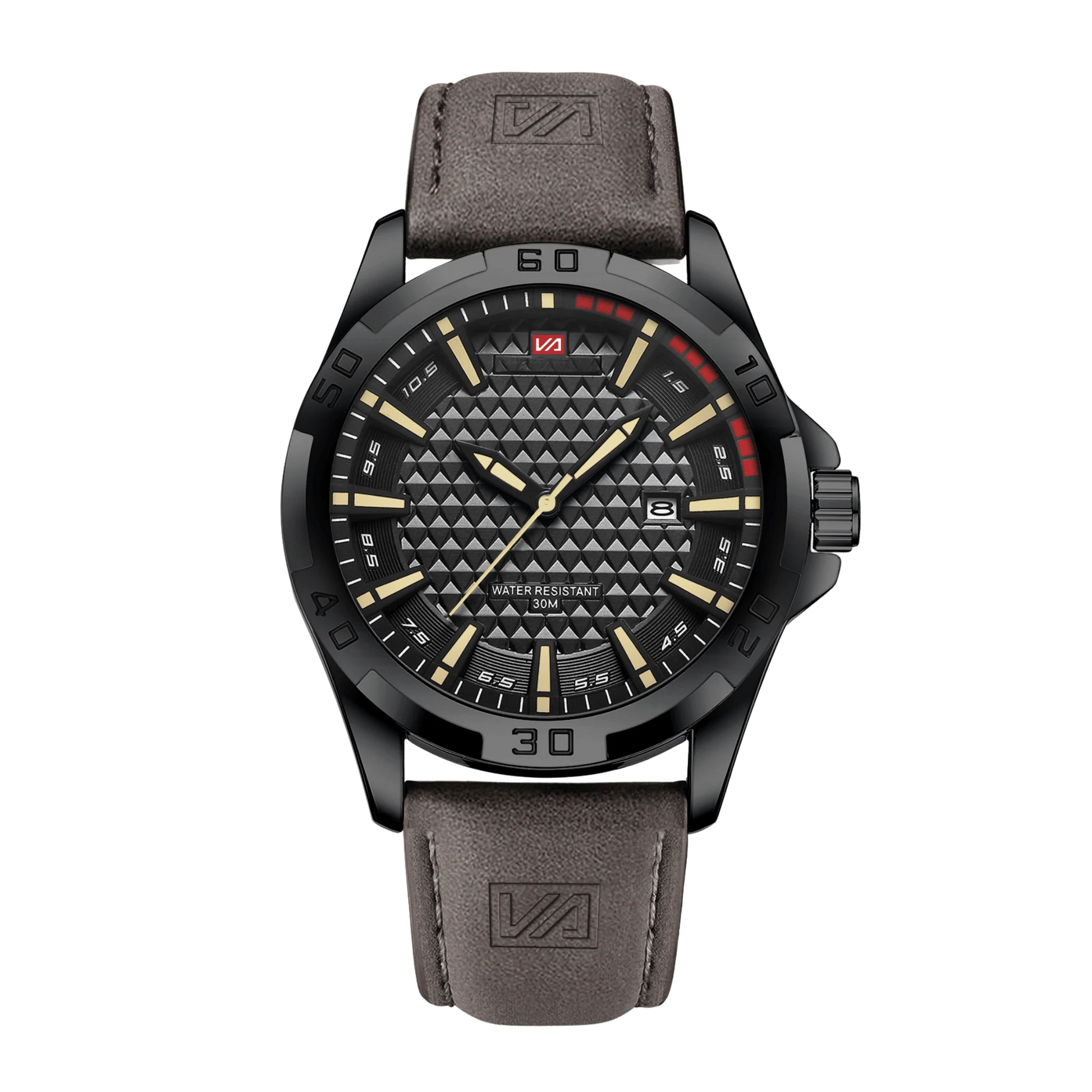 Montre homme sport luxe cadran noir accents rouges bracelet cuir marron 45mm
