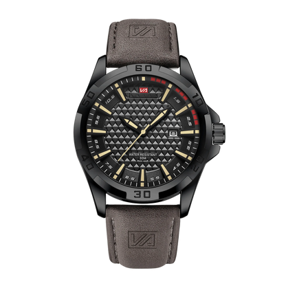 Montre homme sport luxe cadran noir accents rouges bracelet cuir marron 45mm