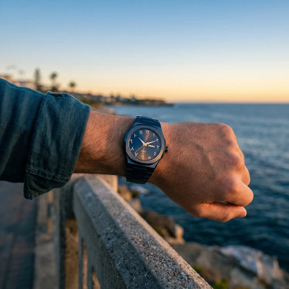 Montre homme sport luxe octogonale acier portée au poignet coucher de soleil