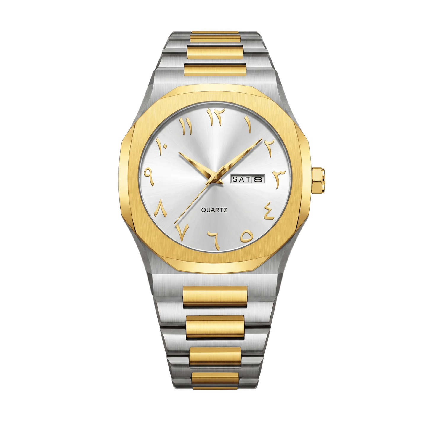 Montre homme sport luxe octogonale bicolore or et acier cadran blanc 43mm