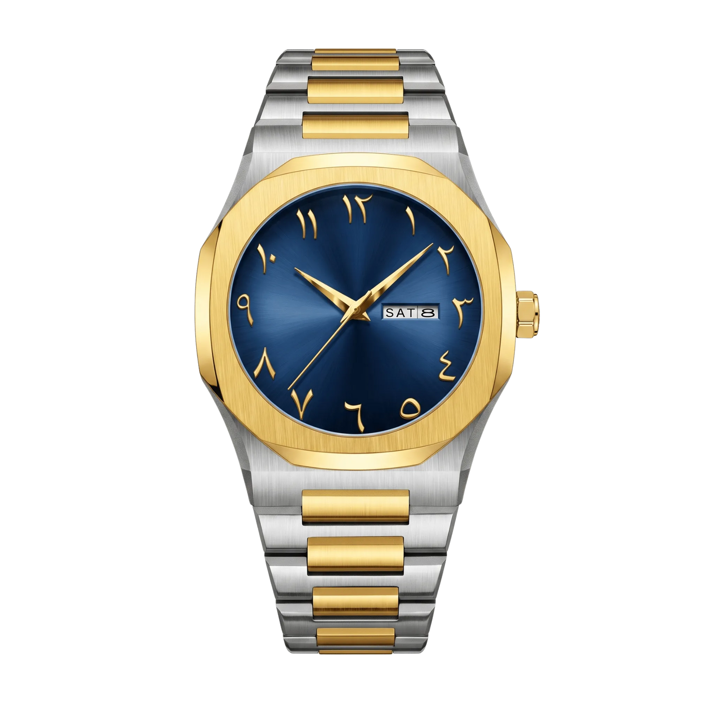 Montre homme sport luxe octogonale bicolore or et acier cadran bleu 43mm