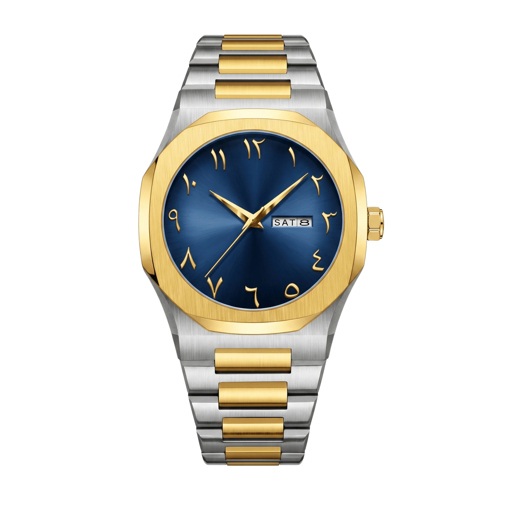 Montre homme sport luxe octogonale bicolore or et acier cadran bleu 43mm