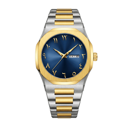 Montre homme sport luxe octogonale bicolore or et acier cadran bleu 43mm