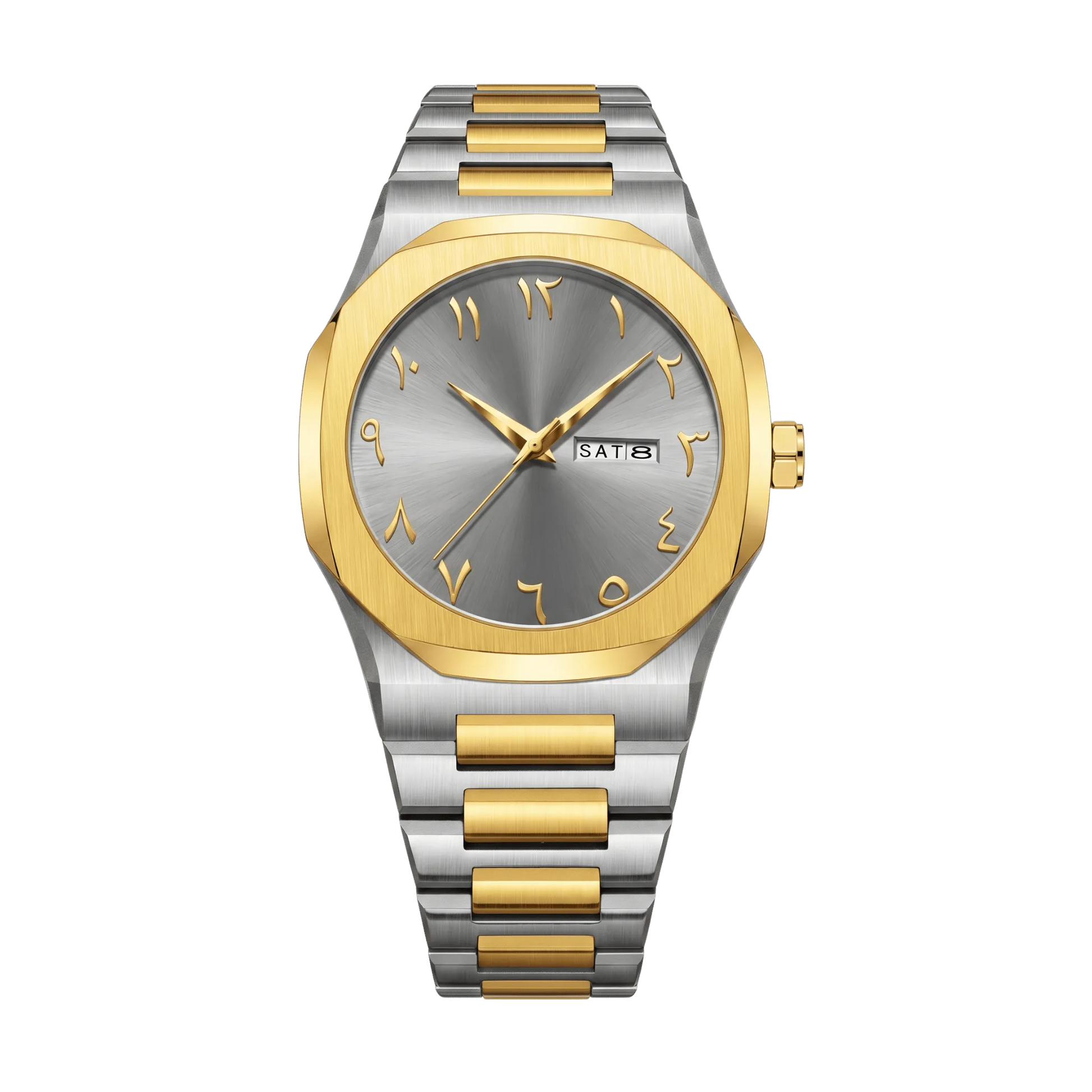 Montre homme sport luxe octogonale bicolore or et acier cadran gris 43mm